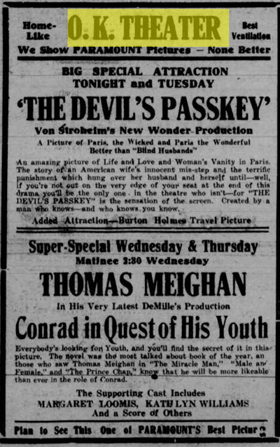 O.K. Theater - Mar 28 1921 Ad (newer photo)